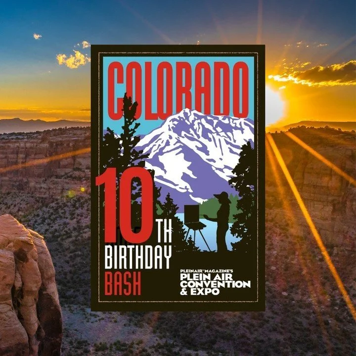Poster for the Plein Air Convention & Expo's 10th Birthday Bash in Colorado, featuring a mountain scene with a silhouette of an artist painting against a backdrop of a sunset over a canyon landscape.
