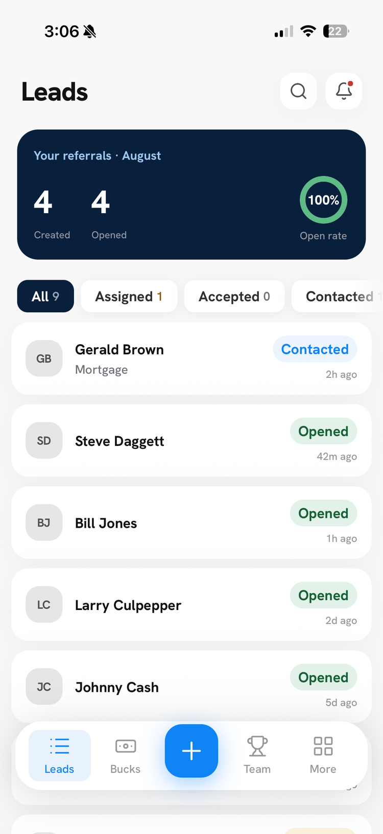 BountyX Leads screen showing referral stats and status list