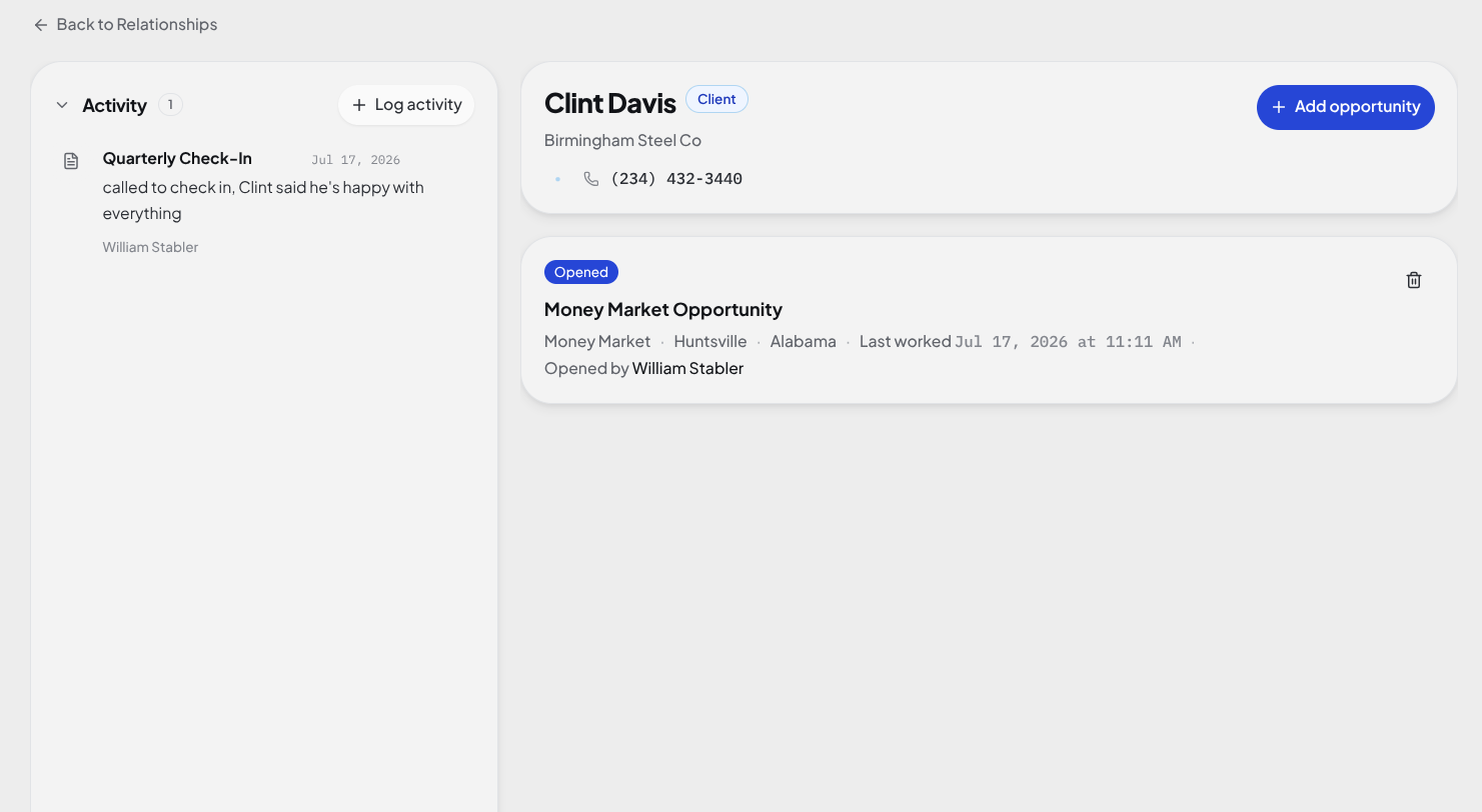 BRM client detail page showing activity log and opportunity status