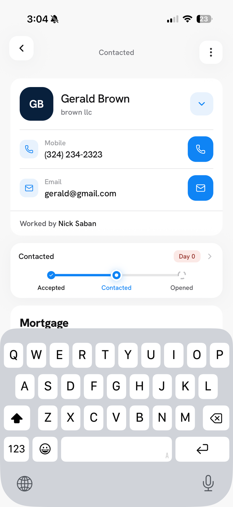 BountyX lead detail screen showing status from accepted to contacted to opened