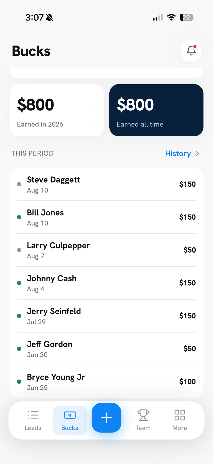 BountyX Bucks screen showing employee referral earnings