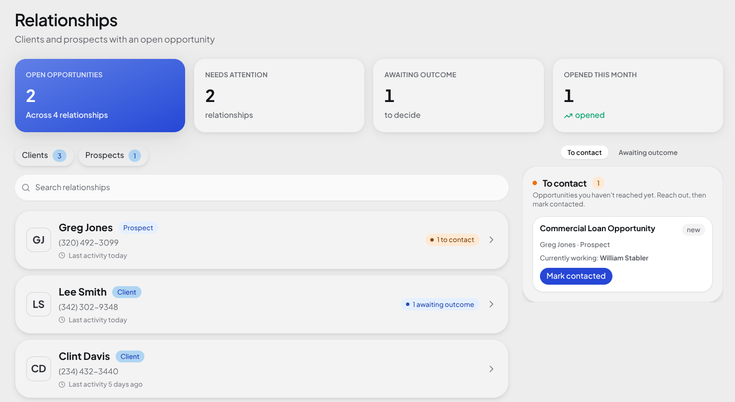 BRM Relationships dashboard showing clients and prospects with open opportunities