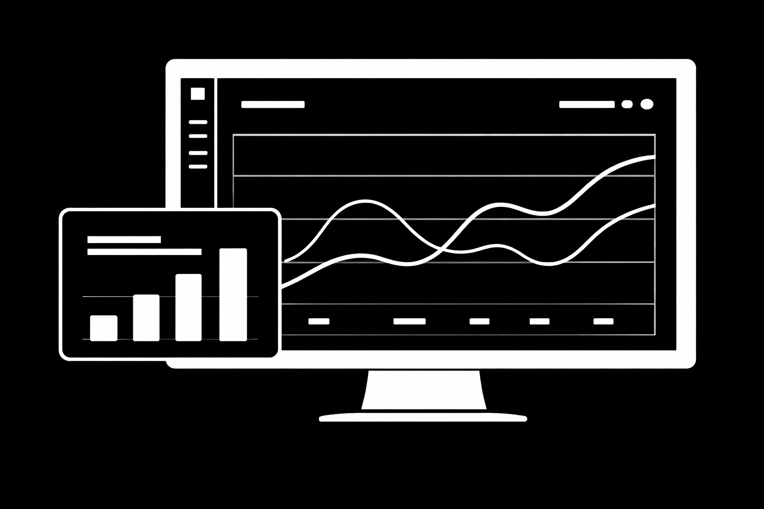 A digital illustration of a computer monitor displaying various line graphs and a small window with a bar chart.