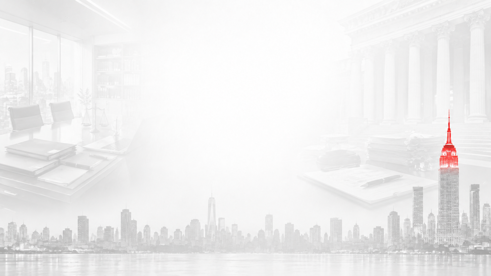 An abstract cityscape with a faint view of New York City skyline, including the Empire State Building highlighted in red, overlapping a modern office conference room.