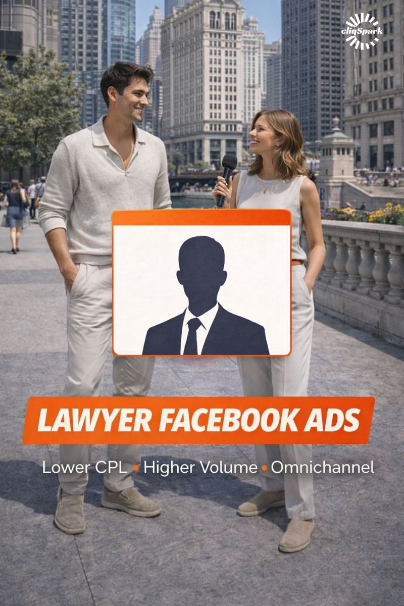 Two young professionals, a man and a woman, stand outdoors in a city square with tall buildings in the background. The woman holds a microphone and they are smiling at each other. There is a graphic of a person in a suit on a poster held in front of them. Text on the poster says "LAWYER FACEBOOK ADS" with features listed below: "Lower CPL," "Higher Volume," "Omnichannel."