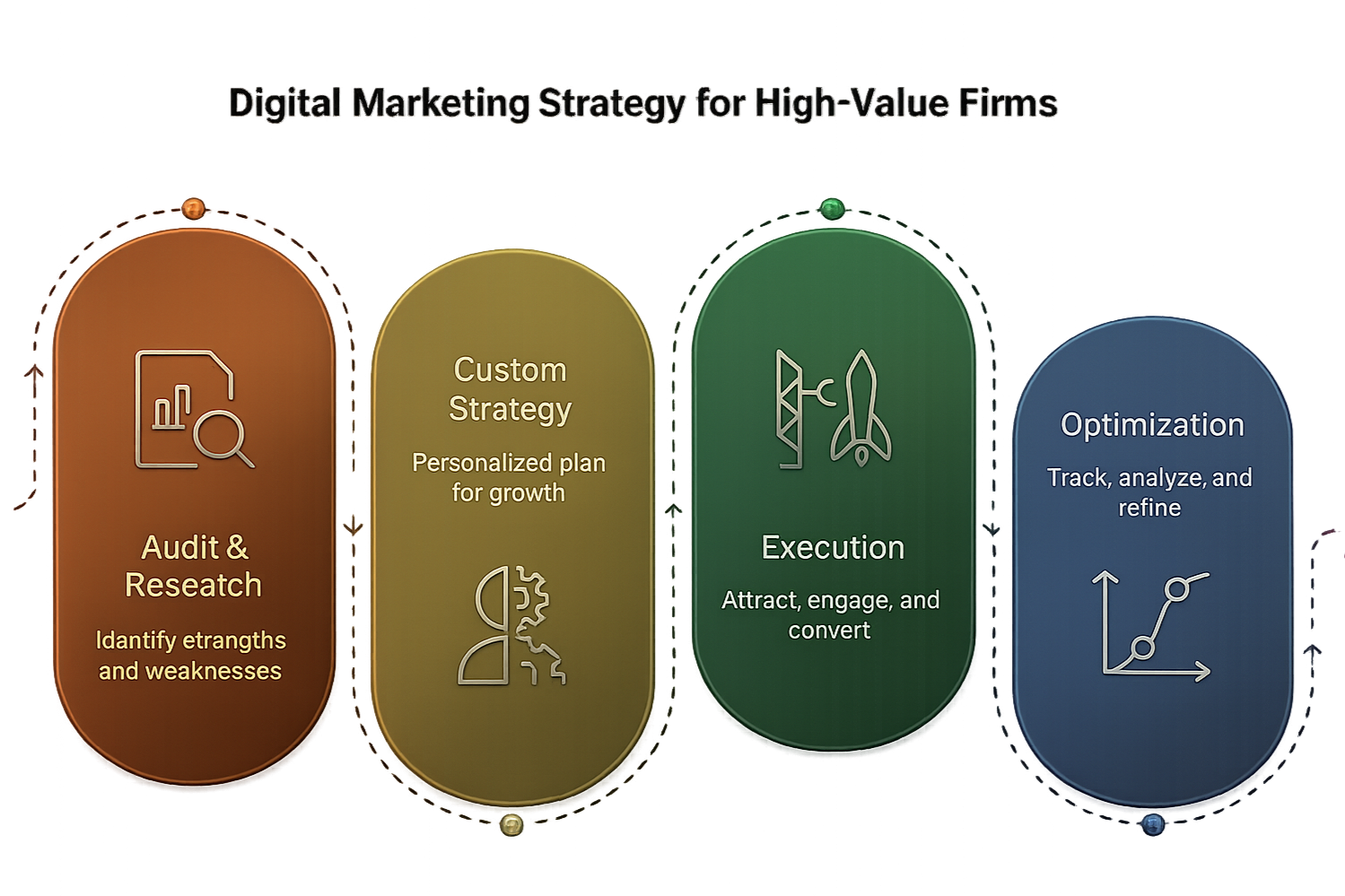 Diagram illustrating the four stages of digital marketing strategy for high-value firms: audit and research, custom strategy, execution, and optimization, each represented by colored rounded rectangles with icons and descriptions.