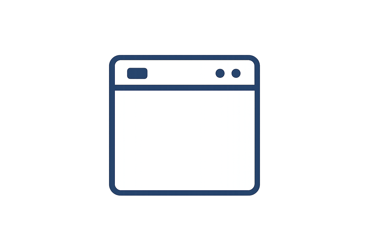 Icon of a web browser window with a dark blue border, a single gray rectangle representing the address bar, and two small dark blue circles on the right side indicating browser controls.