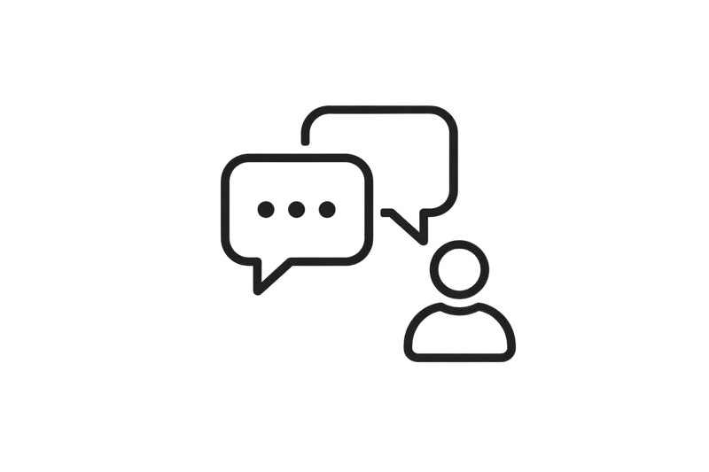 Icon of two speech bubbles and a person representing conversation or communication.