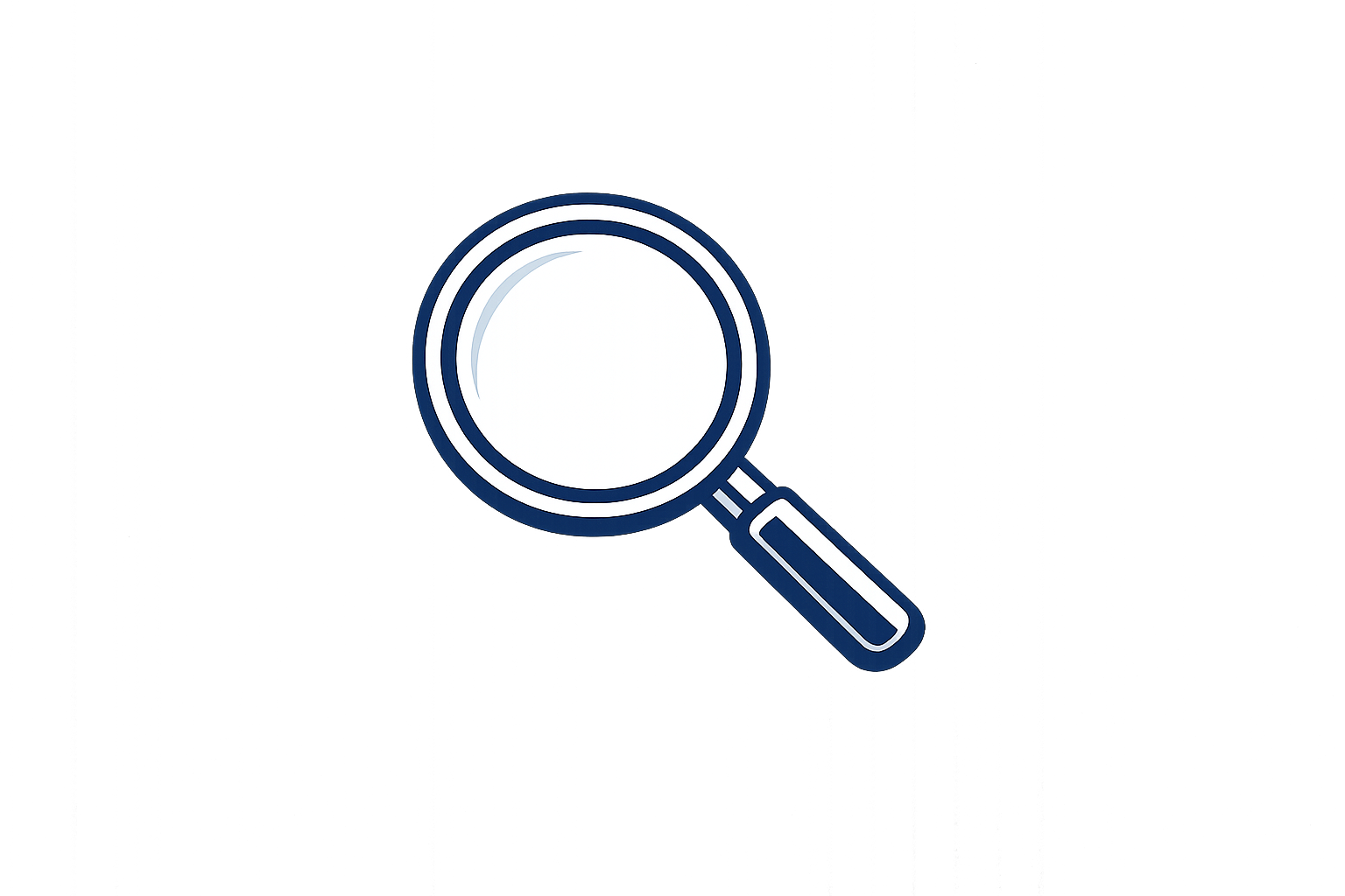 Neon icon of a magnifying glass with a glowing white lens and dark handle on a black background.