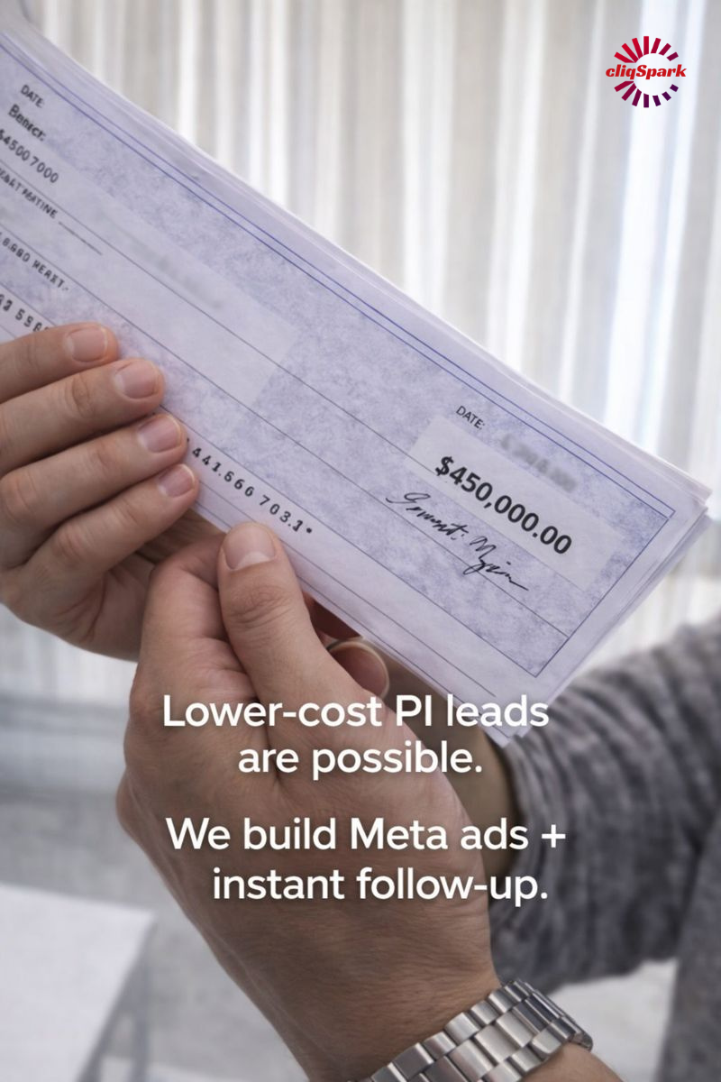 Person holding a large check with the amount of $450,000.00. Text on the image reads: 'Lower-cost PI leads are possible. We build Meta ads + instant follow-up.'