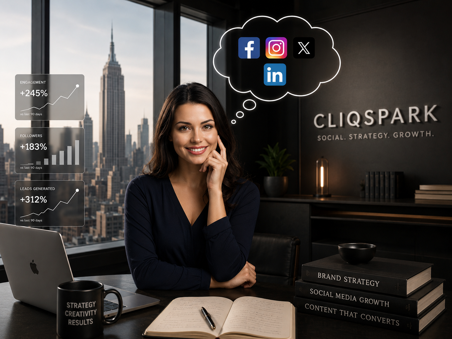 A woman sitting at a desk with a laptop, notebook, and books titled 'Brand Strategy,' 'Social Media Growth,' and 'Content That Converts.' She is smiling with her hand on her face, in an office with a city skyline view. Thought bubble above her head contains social media logos for Facebook, Instagram, TikTok, and LinkedIn. On the left side, there are charts showing increased engagement, followers, and leads over the past 90 days.