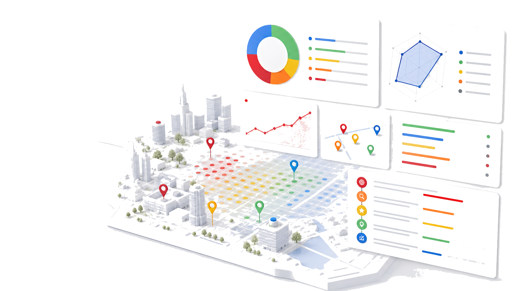 A detailed city map with various data visualizations, including pie charts, bar graphs, line graphs, and colored pins indicating different locations.