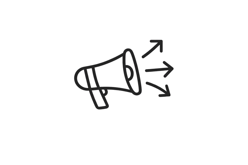 Line drawing of a megaphone with lines indicating sound waves coming out.