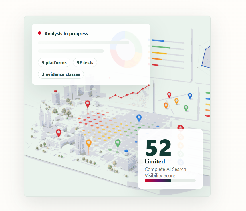 Digital cityscape with data visualization markers, graphs, and analysis indicators, including a 'Limited' AI search visibility score of 52.