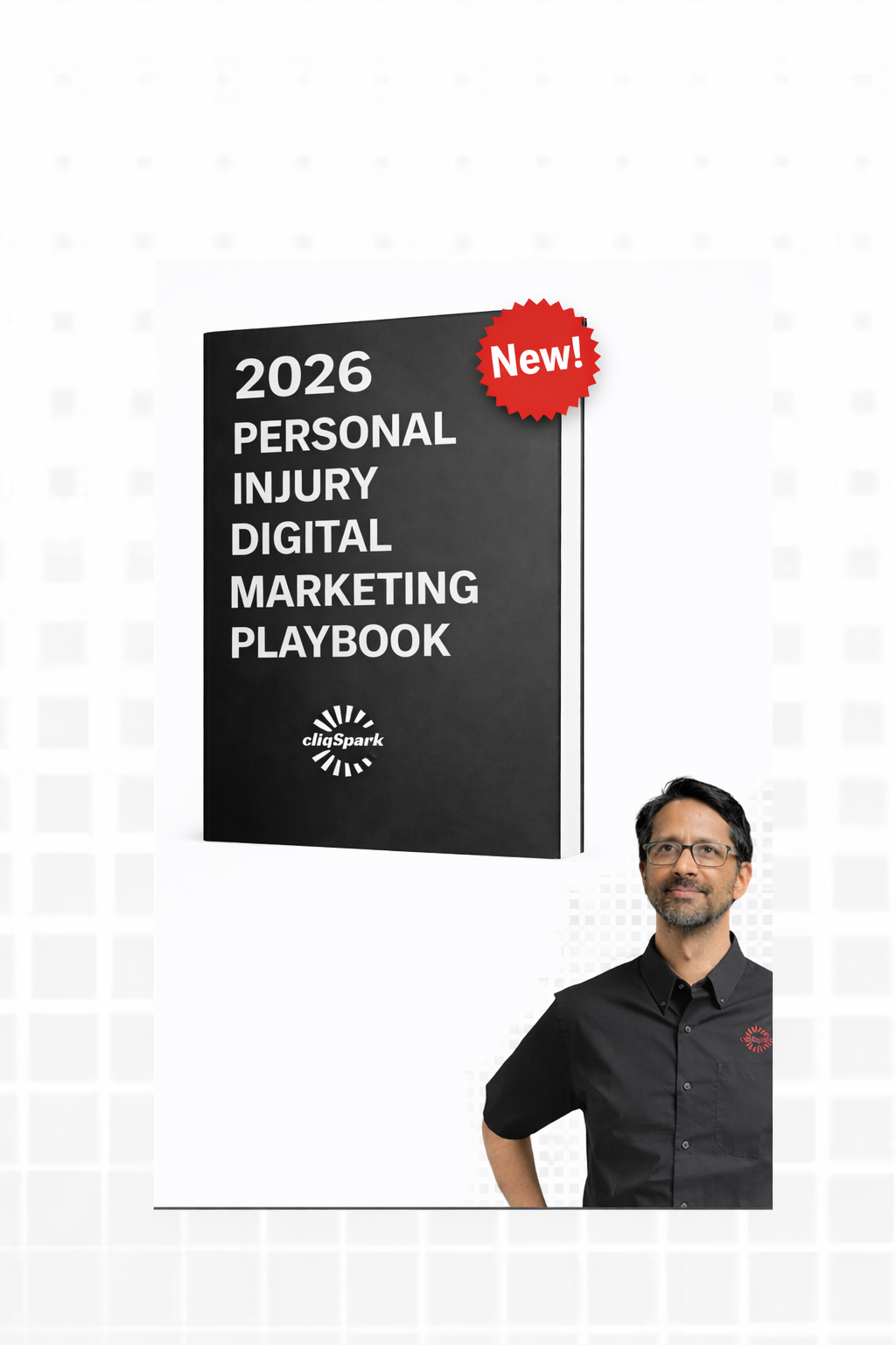 The image features a black book titled '2026 Personal Injury Digital Marketing Playbook' with a red badge that says 'New!' on the top right corner of the book. In the bottom right corner of the image, there is Anish Shah, Co-Founder.