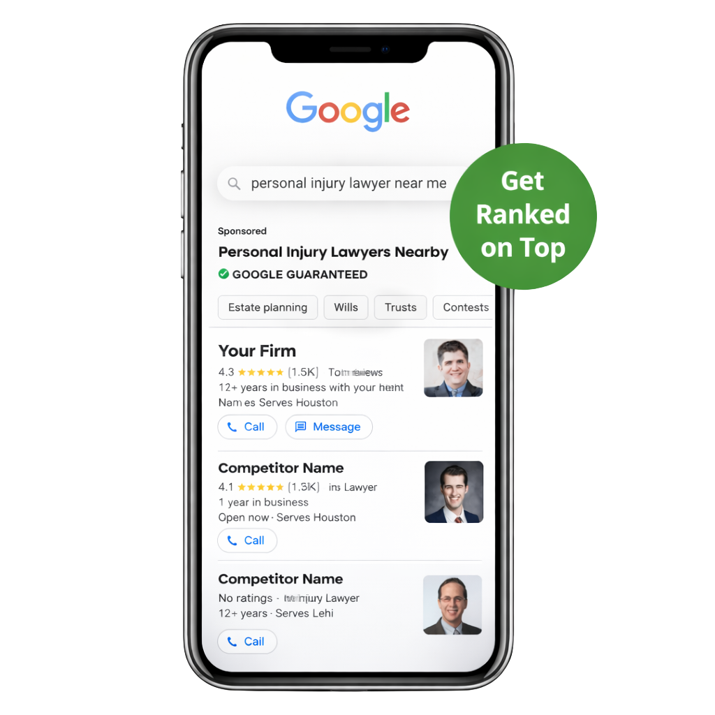 Smartphone displaying Google search results for personal injury lawyers, with a green badge labeled 'Get Ranked on Top'.