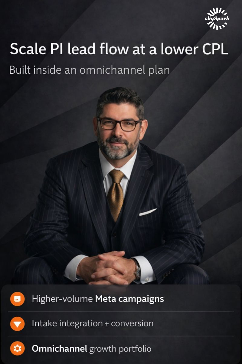 A man in a dark striped suit with glasses, sitting with hands clasped, in front of a dark background with angled stripes. Text reads: 'Scale PI lead flow at a lower CPL, Built inside an omnichannel plan.' Bullet points below mention: 'Higher-volume Meta campaigns,' 'Intake integration + conversion,' and 'Omnichannel growth portfolio.'