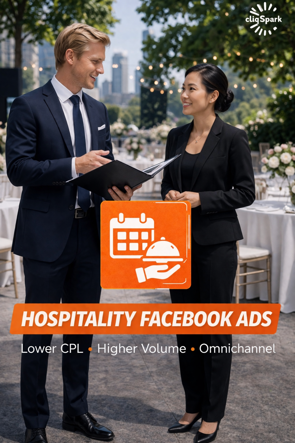 Two professionally dressed people talking outdoors at a formal event with decorative lights, with a graphic overlay promoting hospitality Facebook ads.
