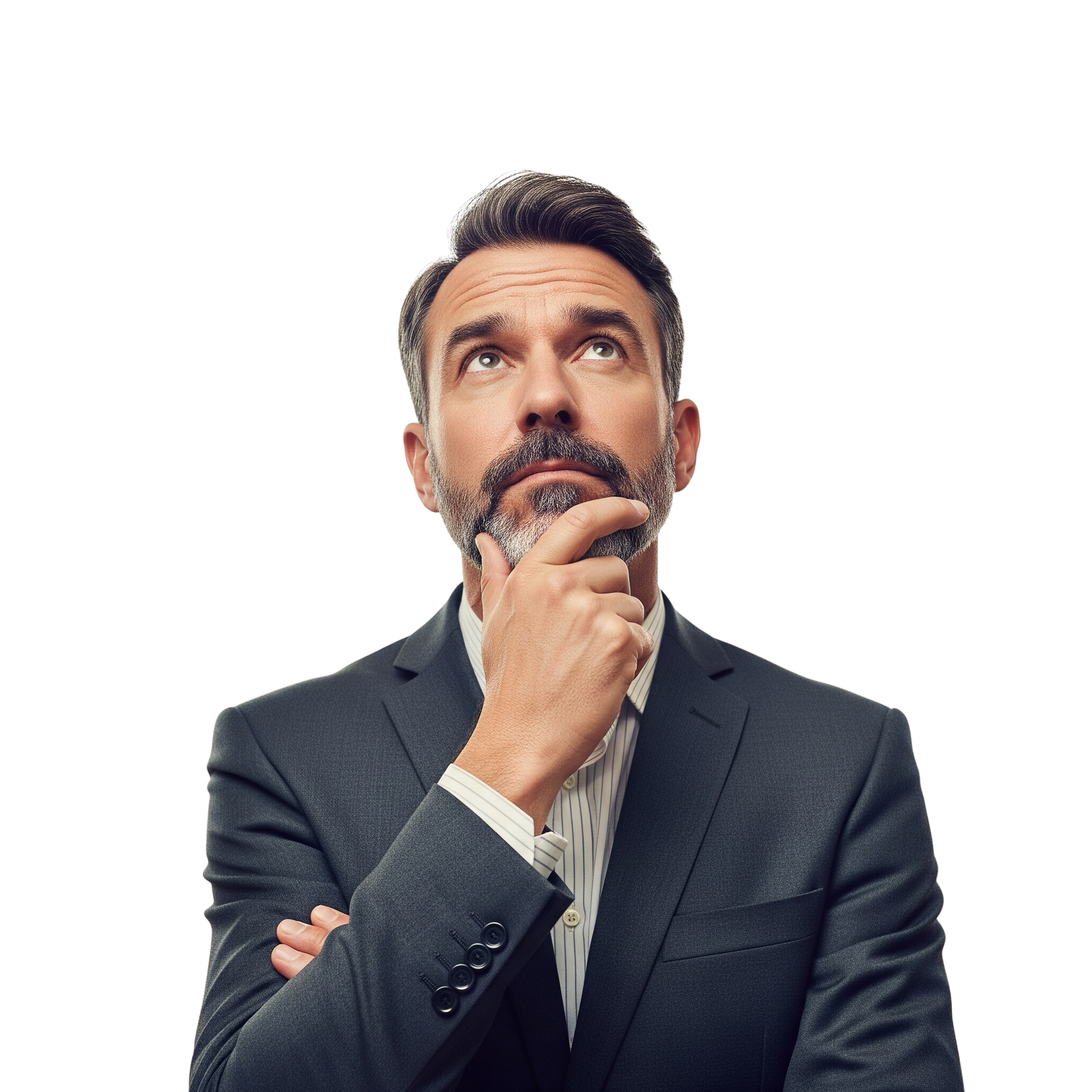 A thoughtful middle-aged man in a business suit with a beard and mustache, looking upward with his hand on his chin, against a black background.