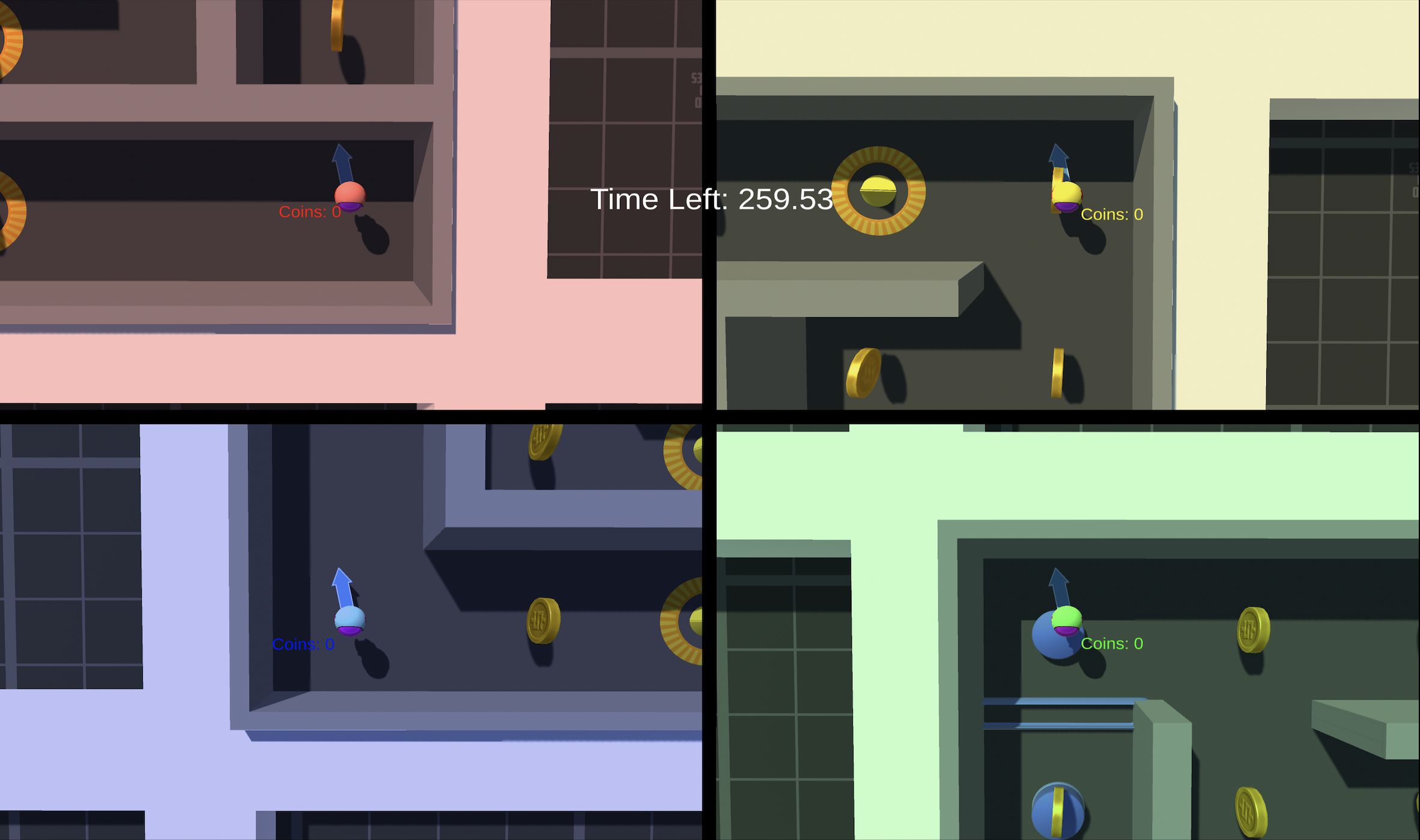 Four quadrant image of a simple maze game with colorful walls, coins, and small character avatars with arrows above them indicating direction, with in-game timer and coin count visible.