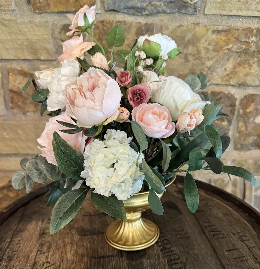 10 pink & white florals in gold cup vase