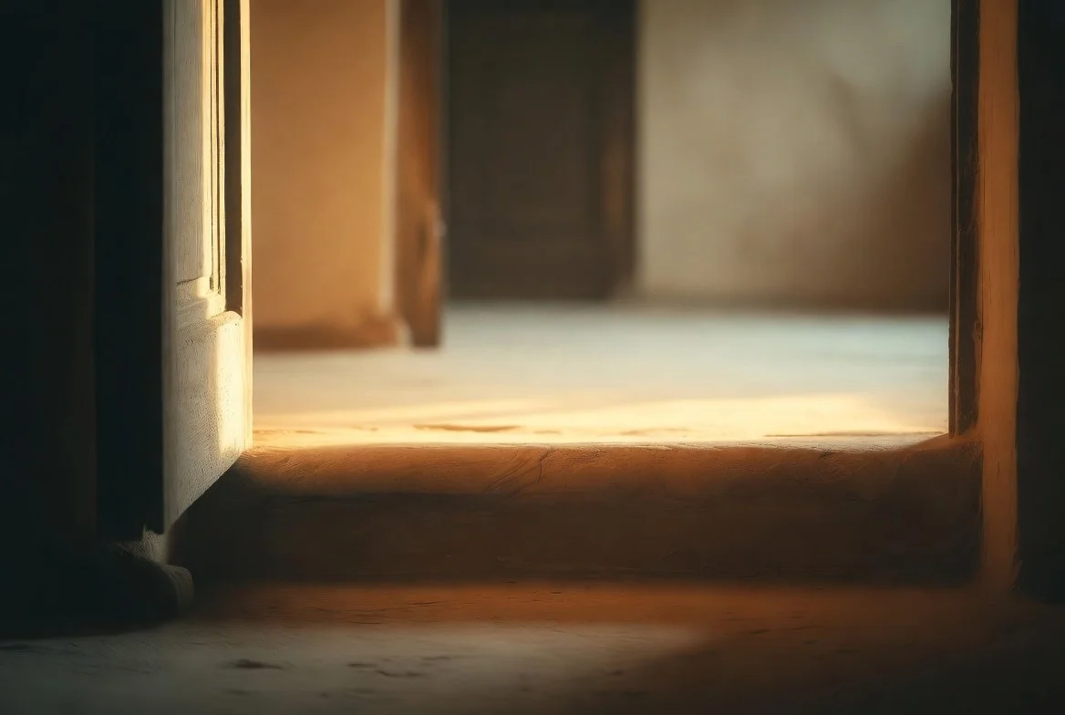 Sunlight shining through an open door onto the floor.