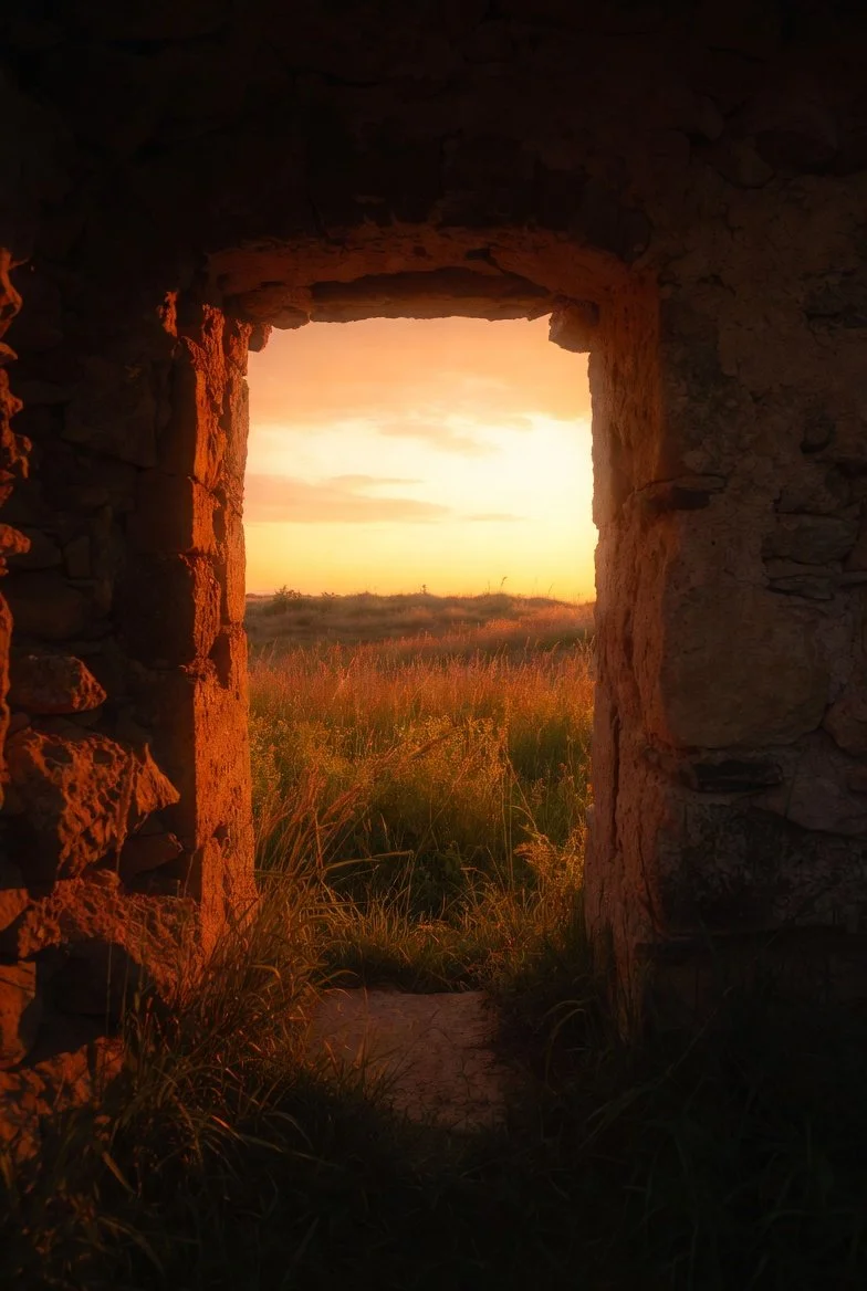 Sunset view through an old stone doorway with grassy fields in the distance.