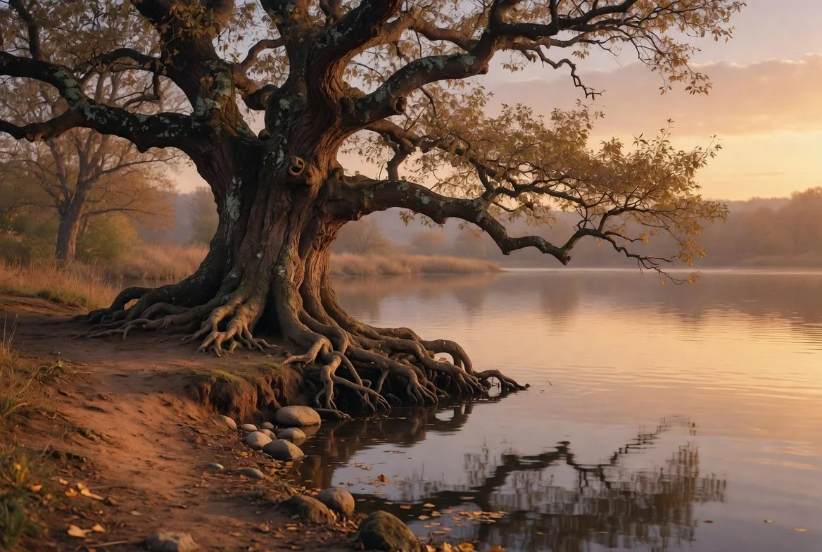 A large, old tree with twisted roots extending to the ground and branches reaching over a calm river at sunset.