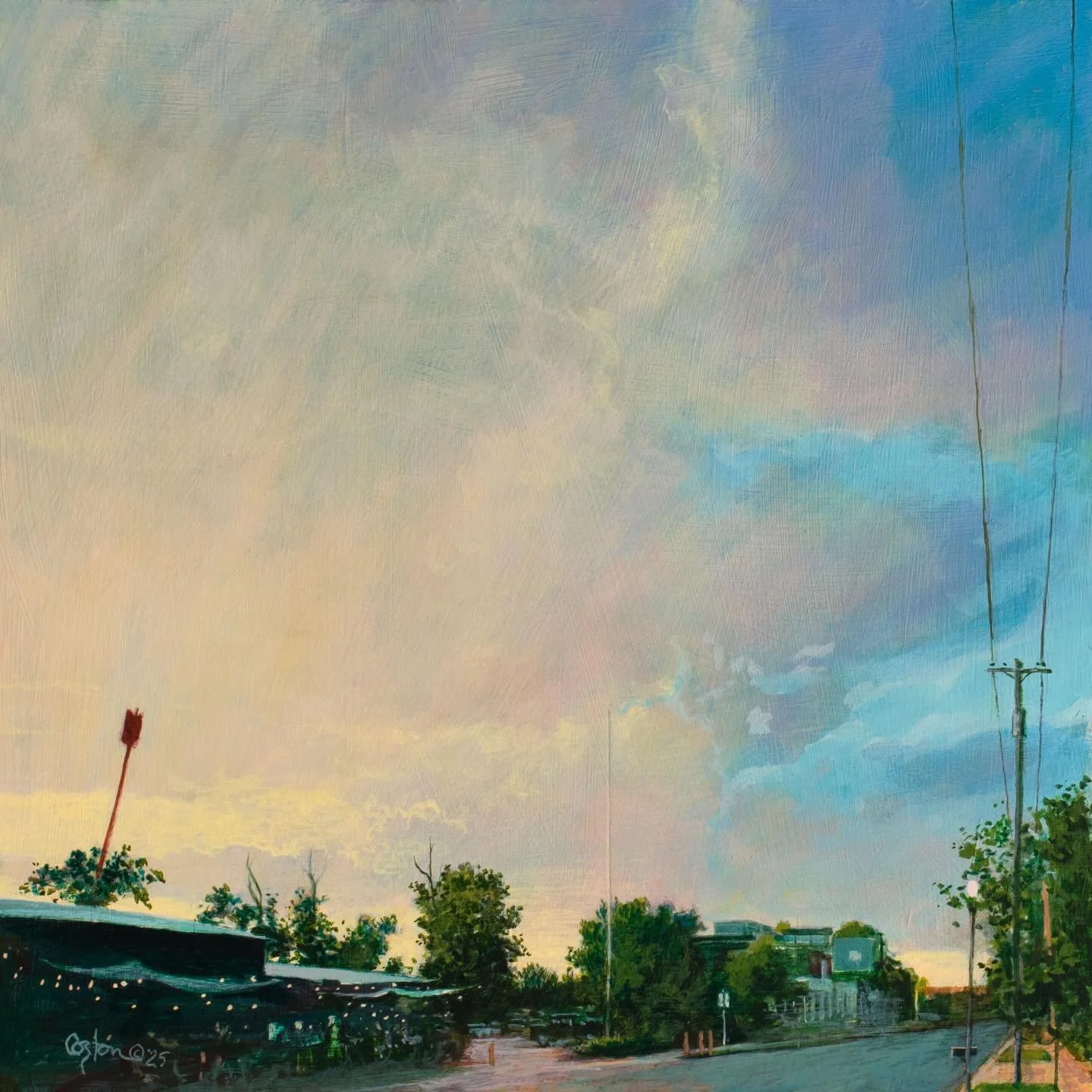 This past quarter I&rsquo;ve found myself painting a lot of sunsets, some with resplendent bright colors. And then some, like this one, where the colors sneak up in a more subtle but still breathtaking way. Here&rsquo;s a look at downtown Bentonville