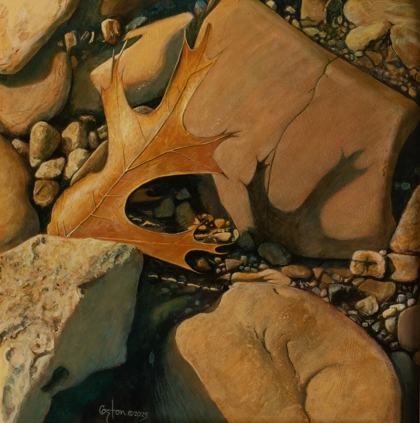 I love rocks. The shapes. The warm, earthy colors. And&hellip;the shadows. The leaf on top helped make this painting more interesting.

If you ventured down to the creek today, you would see it covered in snow and ice here in Fayetteville. &ldquo;Dan