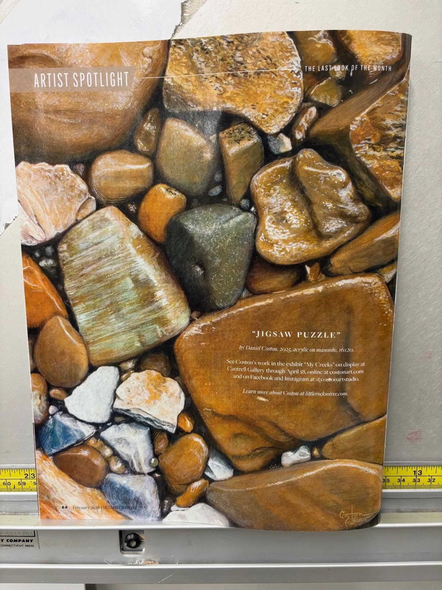 I&rsquo;m delighted to see &ldquo;Jigsaw Puzzle&rdquo; featured this month in an artist spotlight in Little Rock Soiree @littlerocksoiree

The painting depicts a haphazardly arranged group of rocks, shaped by many floods until they fit like a natural