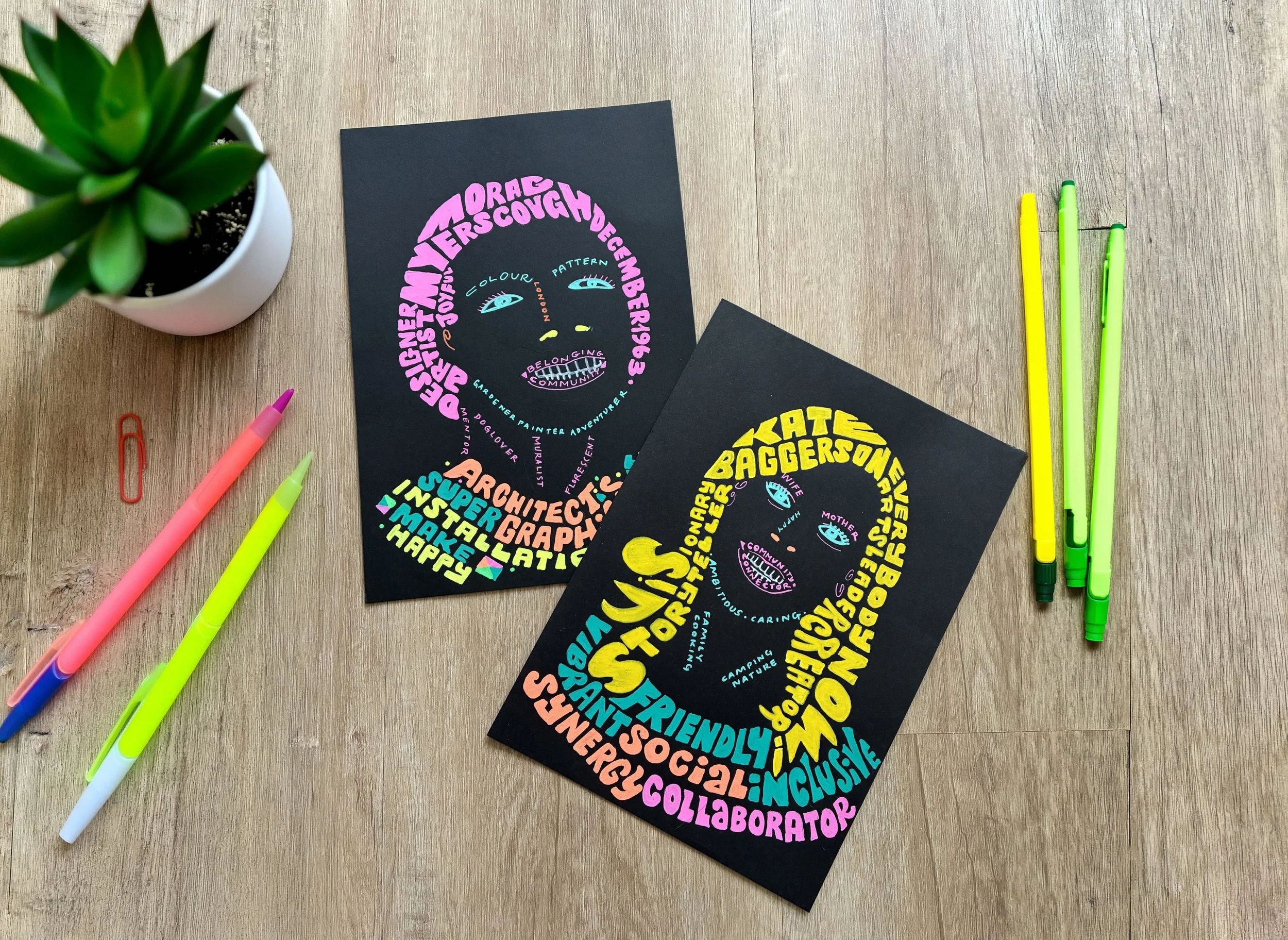 Typographic portraits by Tania Hearn using acrylic pens on black paper for adult or children's workshop