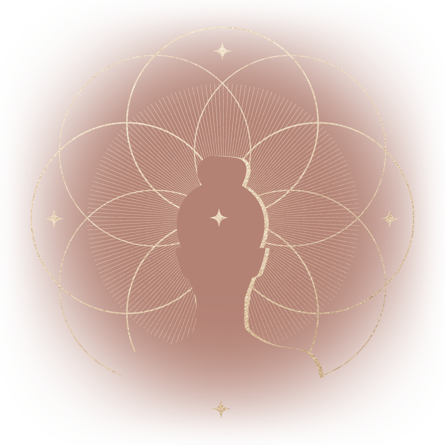 A minimalist, digital illustration of a human head silhouette with geometric and star-like patterns radiating outward.