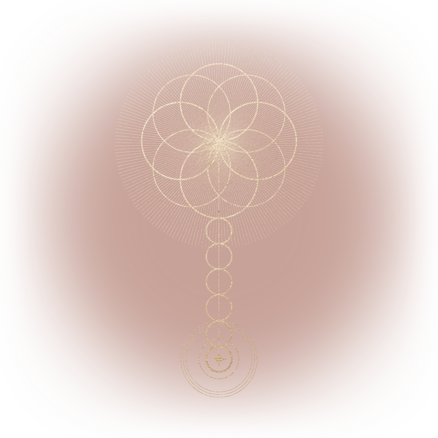 An intricate geometric pattern composed of overlapping circles and radiating lines, arranged in a symmetrical design, set against a muted pink background with rounded edges.