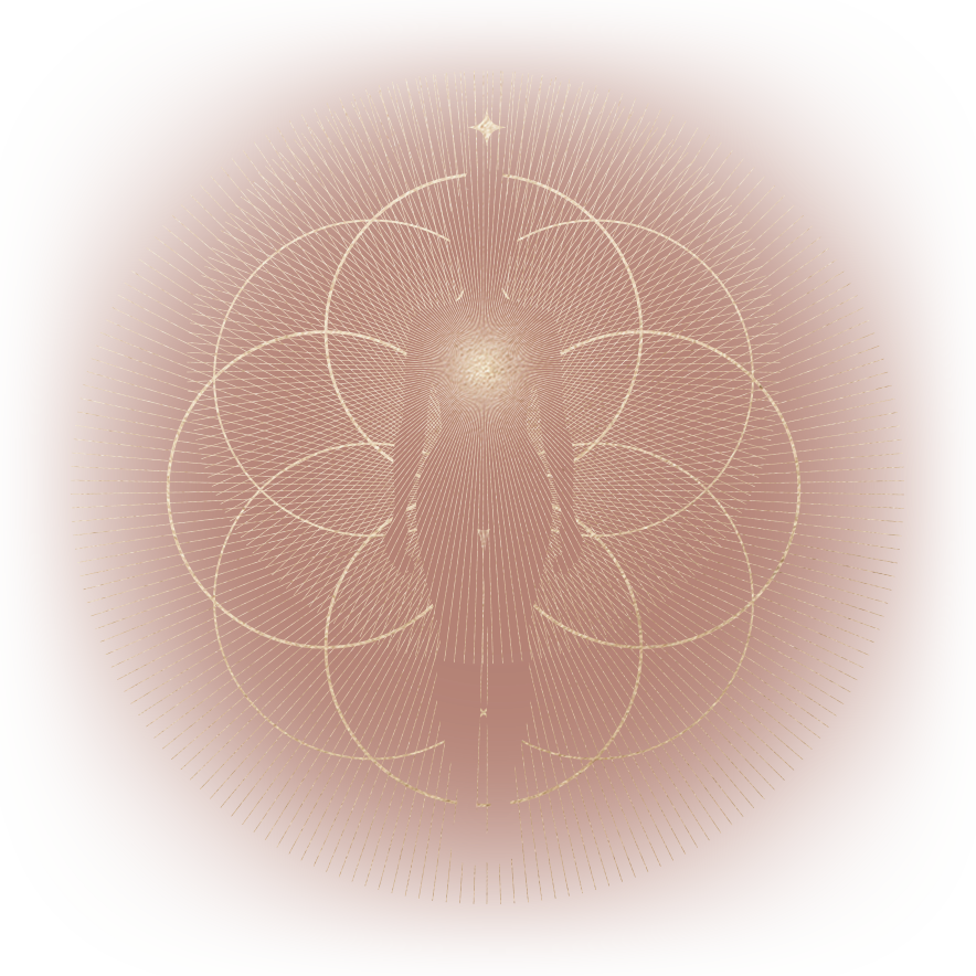 A symmetrical, geometric digital artwork featuring a human figure with wings, surrounded by radiating lines, circles, and star-like accents on a pinkish background.
