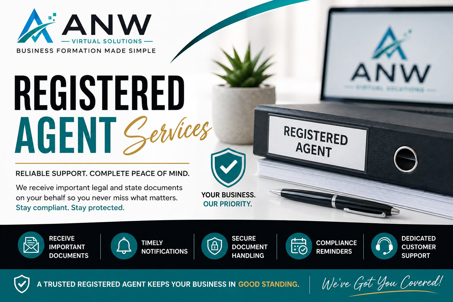 A promotional graphic for ANW Virtual Solutions highlighting registered agent services, featuring a computer screen with the ANW logo, a black binder labeled 'Registered Agent,' a pen, a small plant, and icons illustrating document reception, notifications, secure handling, compliance reminders, and customer support.