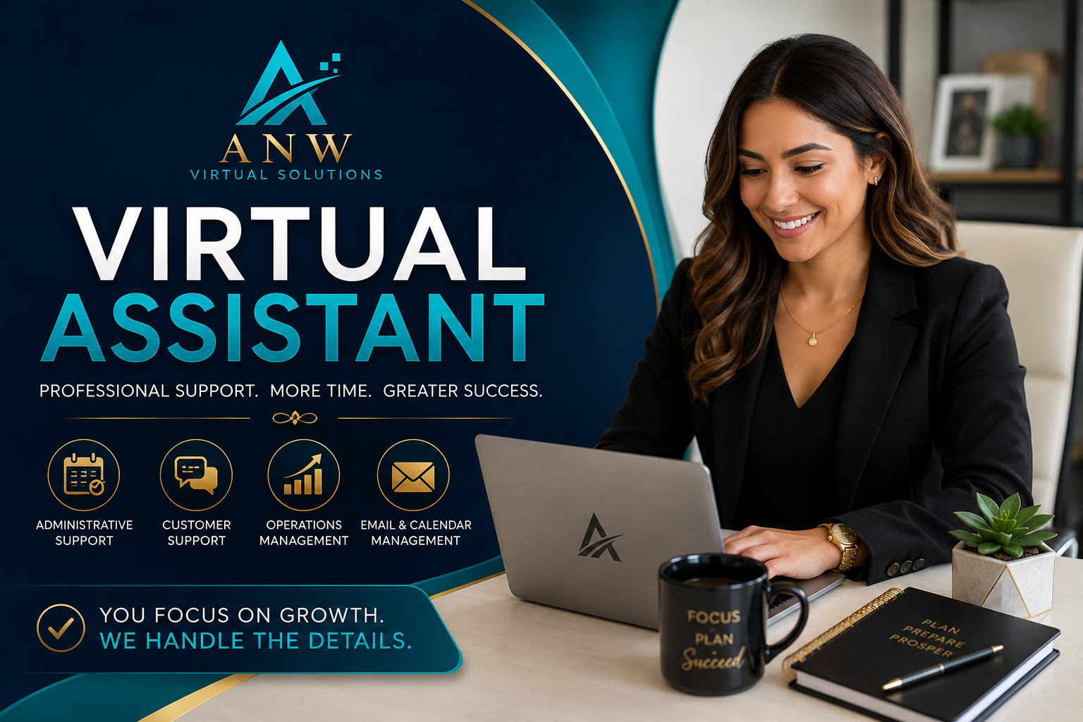 A young woman in business attire smiling while working on a laptop at her desk, promoting virtual assistant services by ANW Virtual Solutions, with text highlighting support services like administrative, customer, operations, and email management.