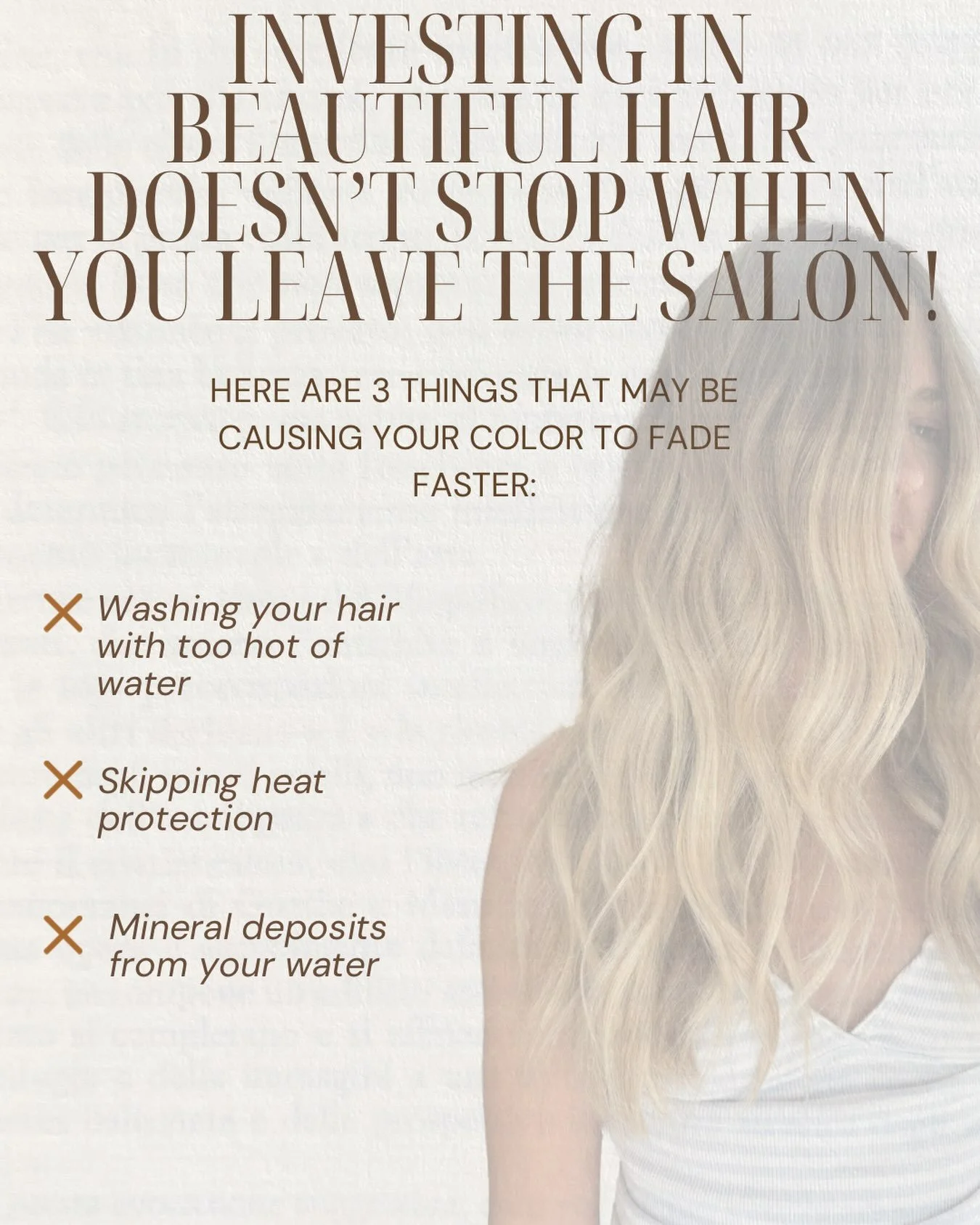 🚨Your hair color isn&rsquo;t fading for NO REASON🚨

HEAR ME OUT: Investing in beautiful hair doesn&rsquo;t stop when you leave the salon.

Here are 3 things that may causing your color to fade faster:

1. HOT WATER opens the hair cuticle, allowing 