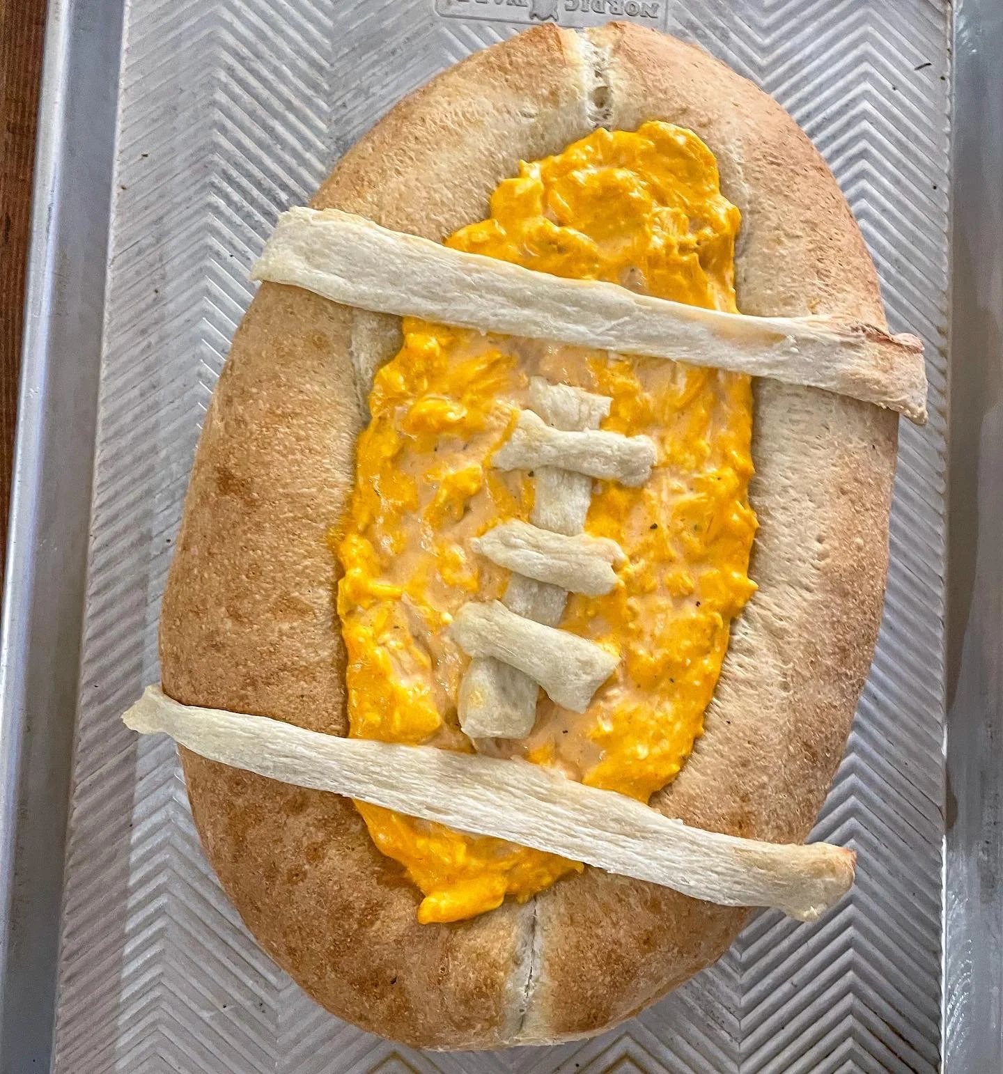 Football bread bowl with Buff Chick Dip