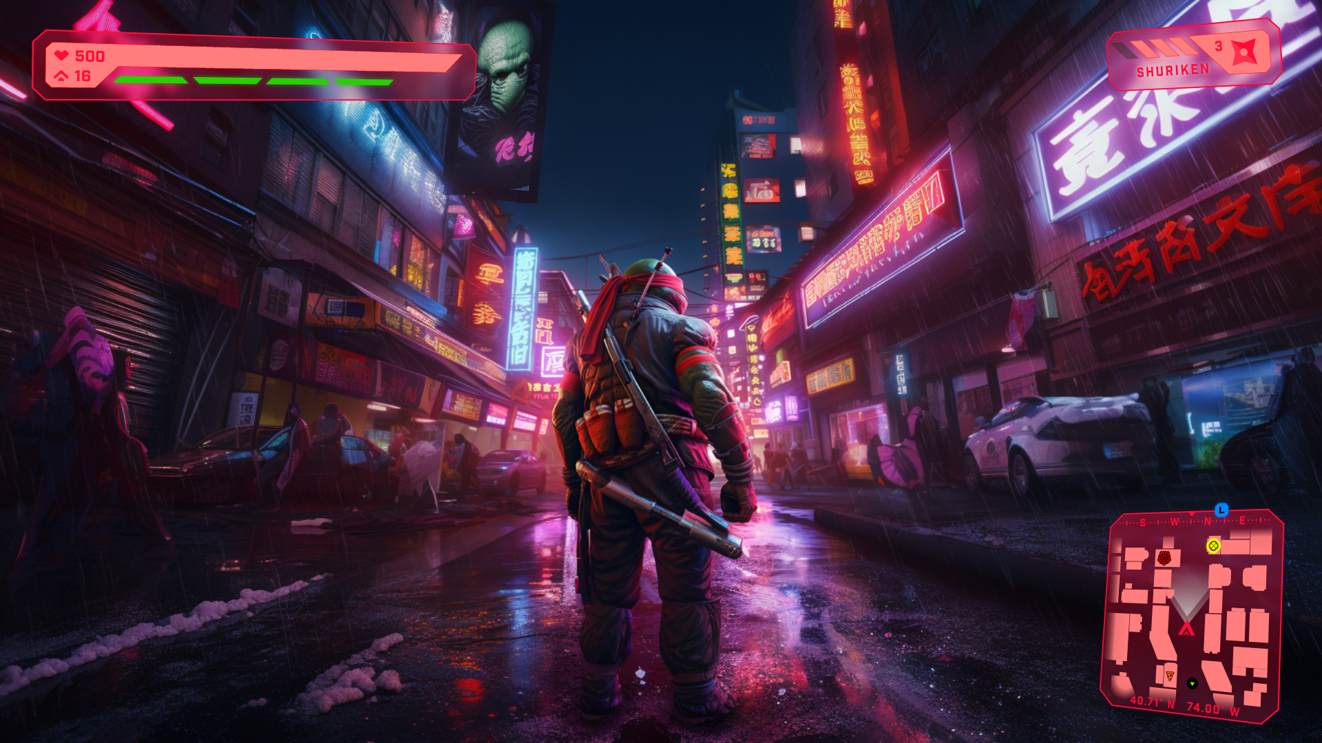 Main HUD showing health and focus bar, range weapon, and mini map.