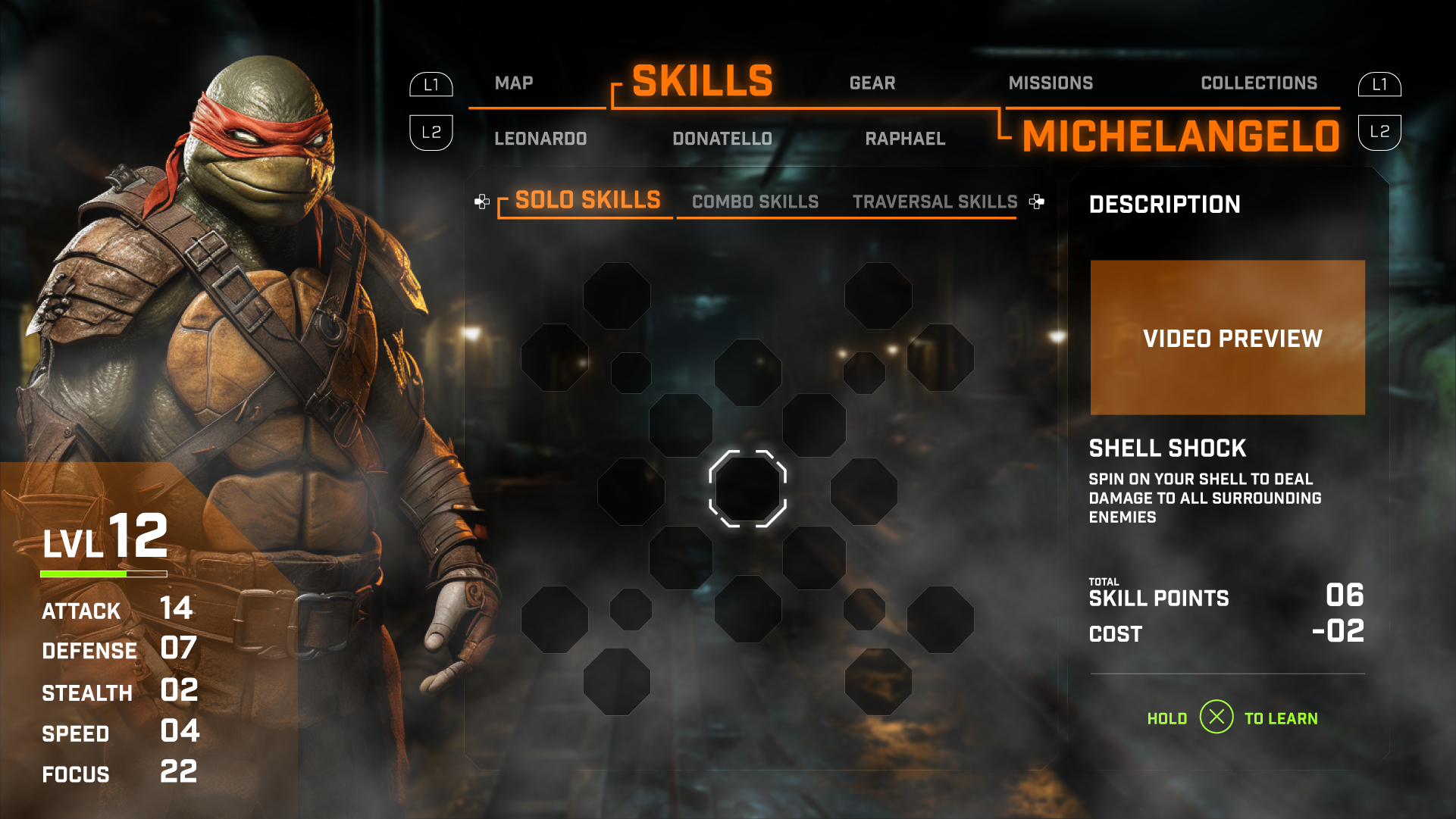 The Skills menu is broken down into three sub tabs which contain unique skill trees for the selected turtle (solo), multiple turtles (combo), and traversal. As with gear, a description of the skill appears in the right panel with a video preview, cos