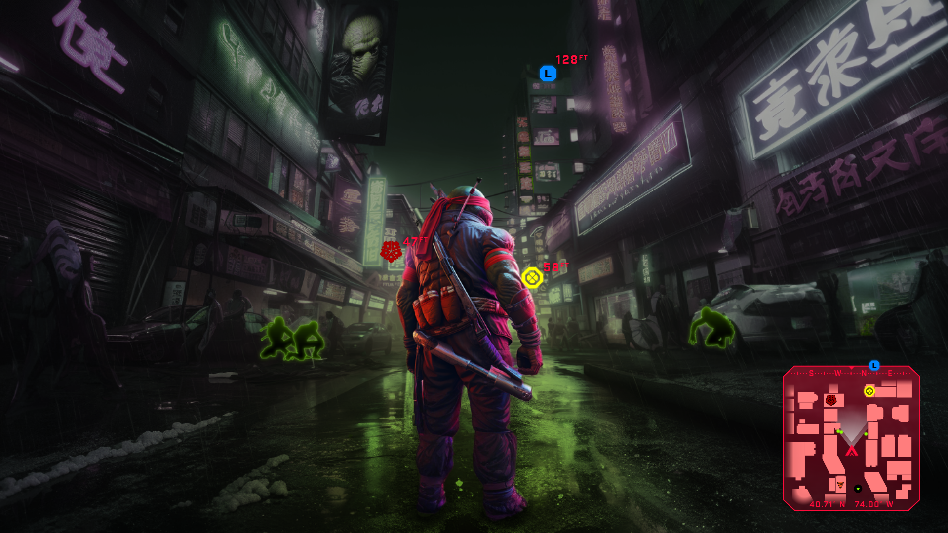 Focus mode desaturates the environment, and adds green highlights to indicate the change. Enemies are outlined and noted on the map, which also turns to face the player. Icons appear in the world with distance markers to aid with navigation.