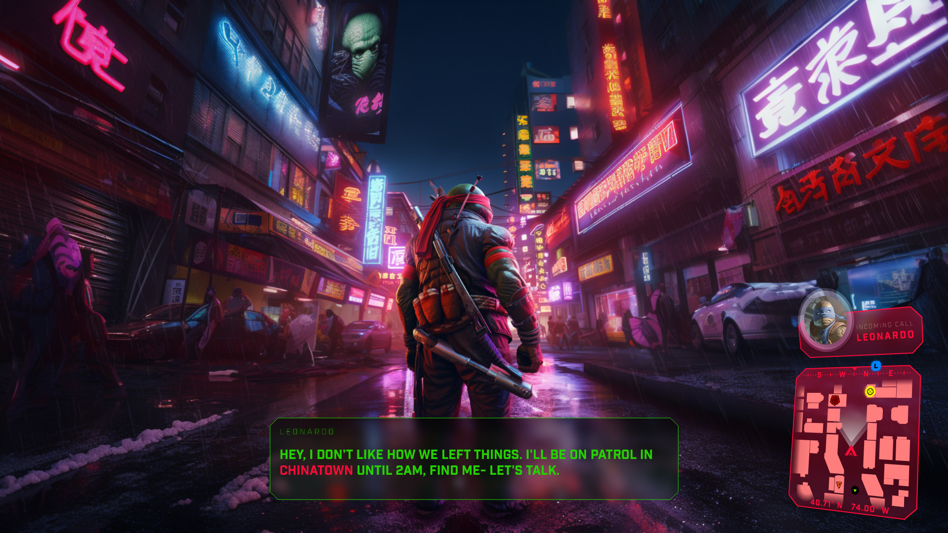 An incoming call overlays above the mini map, in perspective.