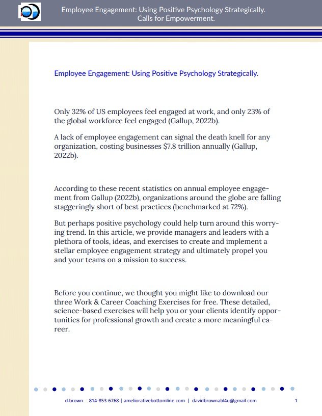 Employee Engagement: Using Positive Psychology Strategically. Calling for Employee Empowerment. Ameliorative Bottom Line