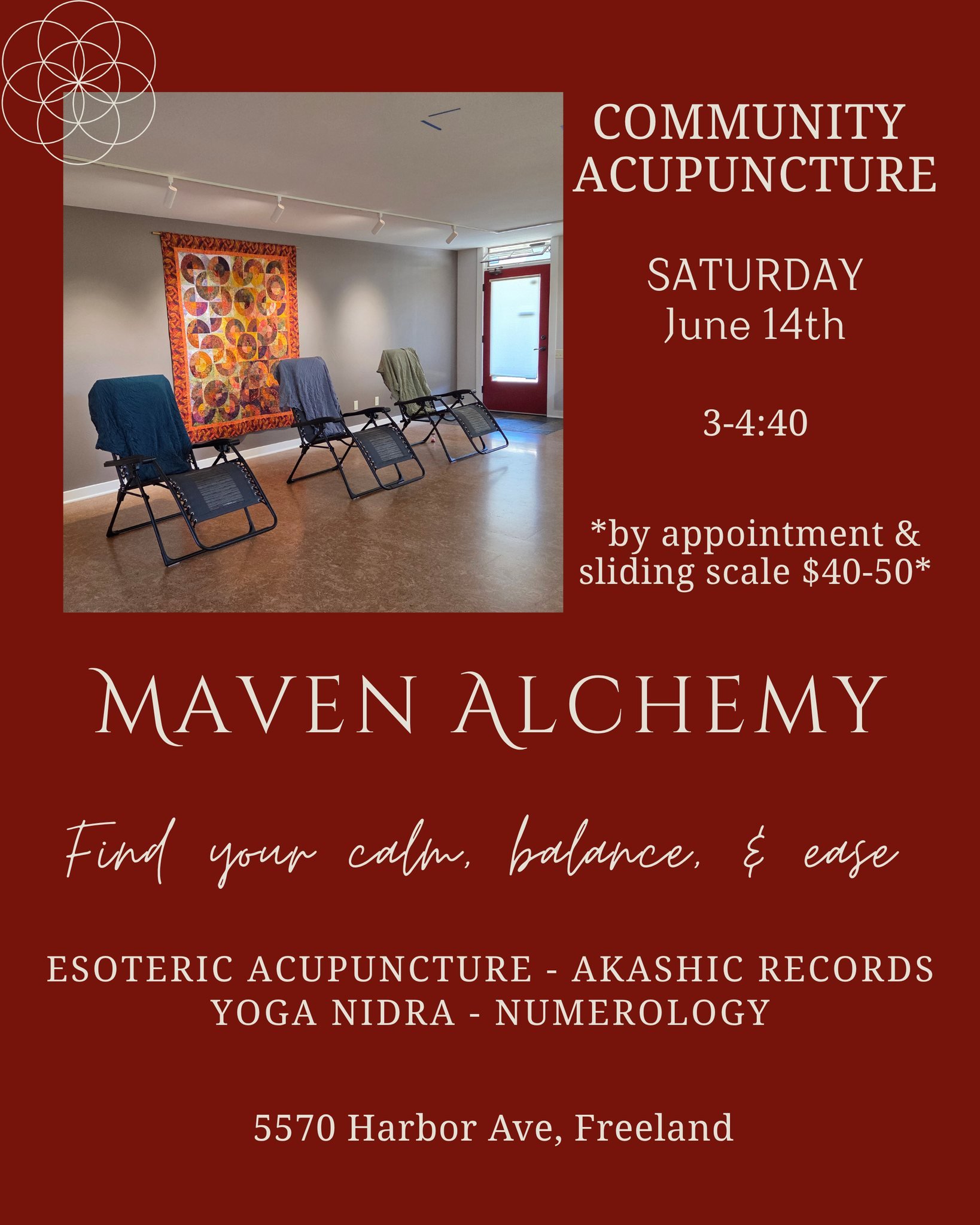 🦋 🌞 Community Acupuncture: the collective intention of healing taps into the ventral vagal state, creating an optimal environment for health and well-being. ✨ 🌈

Saturday, June 14th
3-4:40 pm
5570 Harbor Ave, Unit A, Freeland
*If booked, you can j
