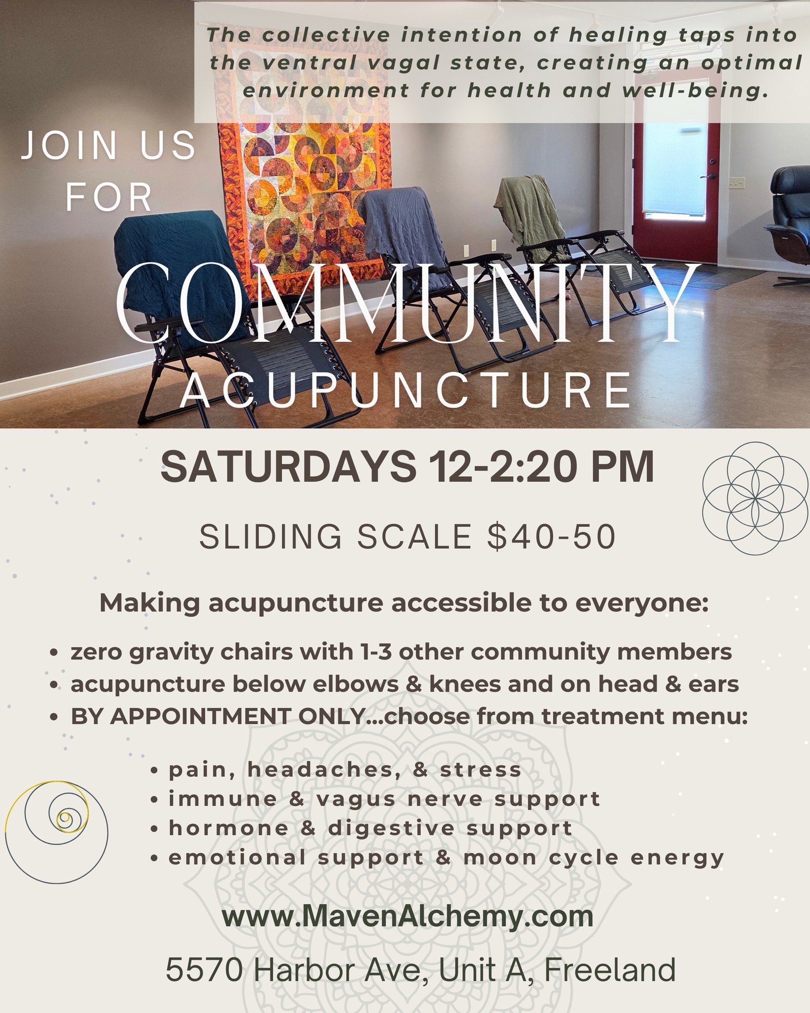 🦋 🌞 COMMUNITY ACUPUNCTURE: NOW EVERY SATURDAY IN FREELAND ✨ 🌈

Community Acupuncture: the collective intention of healing taps into the ventral vagal state, creating an optimal environment for health and well-being.

Saturdays
12-2:20 pm
5570 Harb