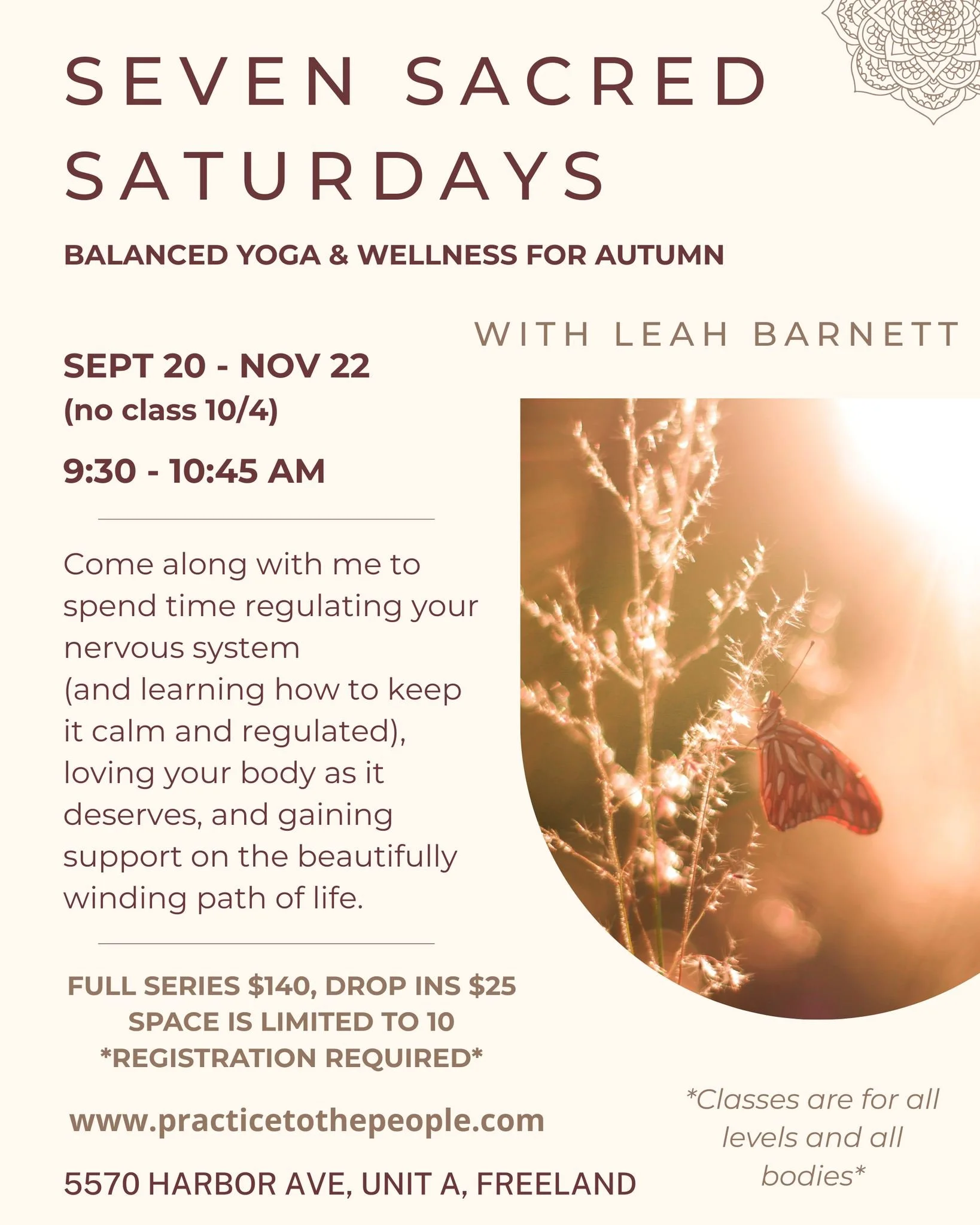 Seven Sacred Saturdays: Balanced Yoga &amp; Wellness for Autumn
with Leah Barnett of Practice to the People

Seven autumnal opportunities to get on the mat for release and renewal! Beginning September 20th with an equinox yoga practice (including med