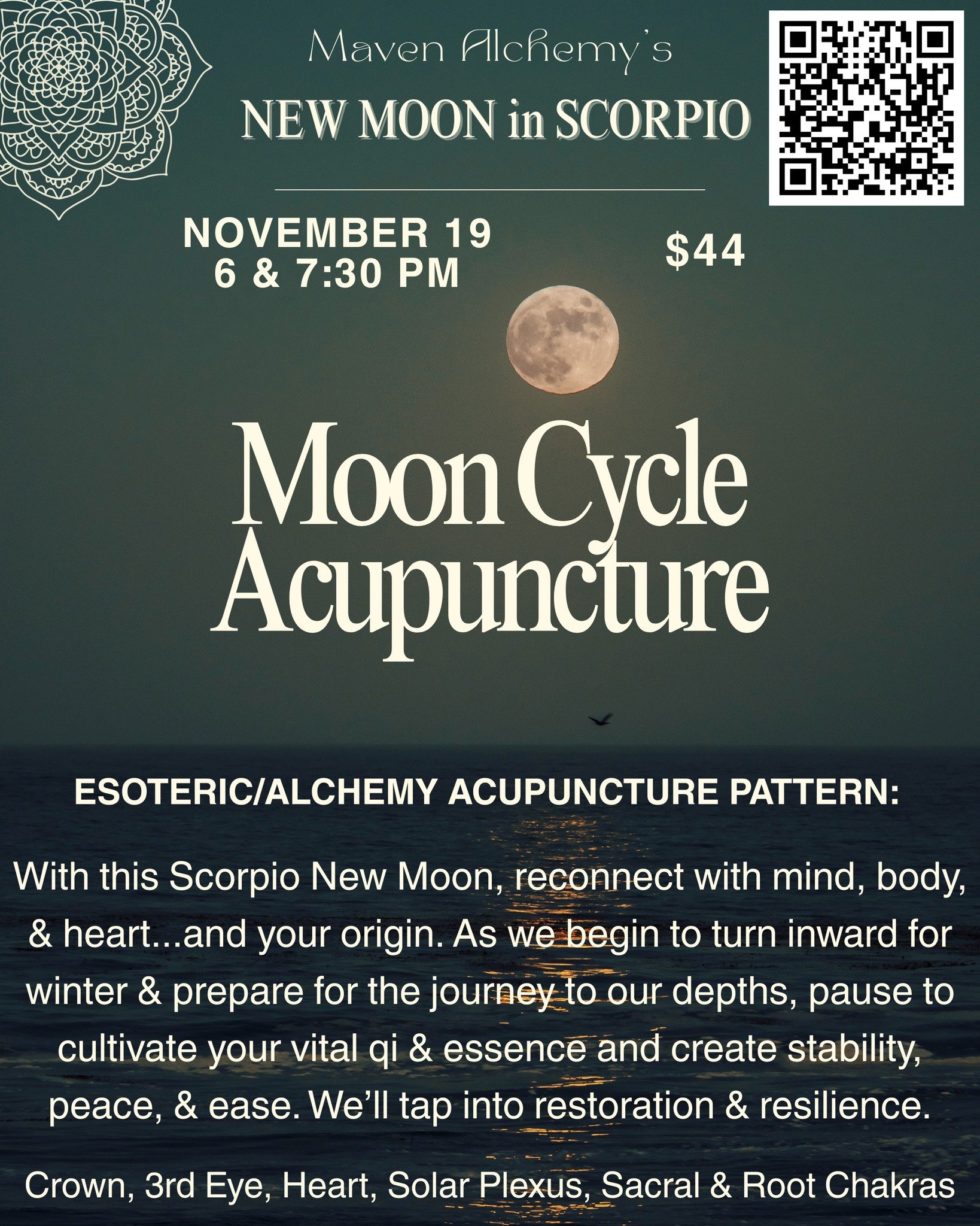Join me this Wednesday, 11/19, to connect with the energy of the Scorpio New Moon.

🦂🌚 Wednesday's Scorpio New Moon Esoteric + Alchemy Acupuncture pattern was created by the Maven Alchemist to guide us to our depths and reconnect our mind, body, &a