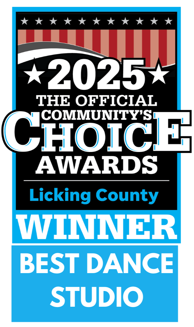 A digital badge for the 2025 Community's Choice Awards, recognizing the Licking County Best Dance Studio winner.