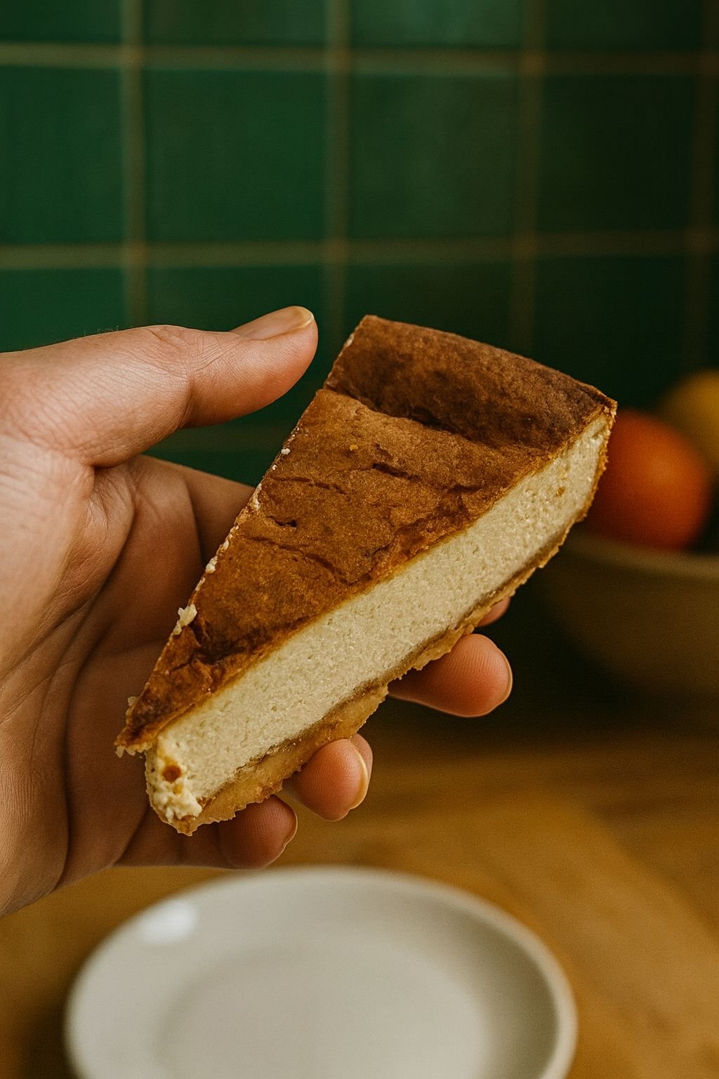 Holding a slice of no added sugar Basque cheesecake - a healthier, digestive friendly Christmas dessert for summer.